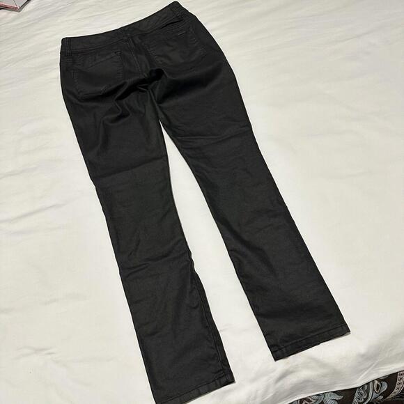 Cache Women’s Coated Wax Denim Sz 2 Black Skinny Pants Leather Threaded Rivets - Picture 12 of 12